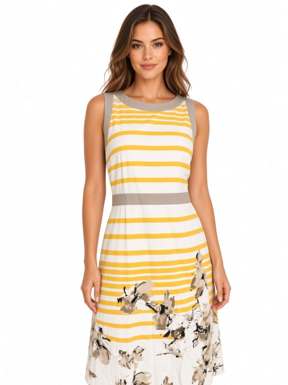 T Tahari Yellow Stripe Floral Sleeveless Fit and Flare Dress